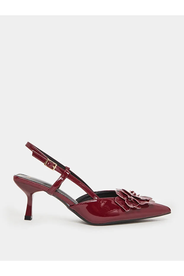 Styli Burgundy Slingback Heels with Flower Detail